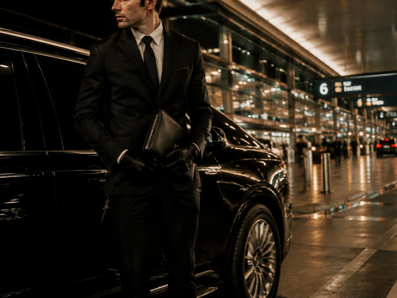 Chauffeur in a dark suit standing beside a black SUV at an airport terminal