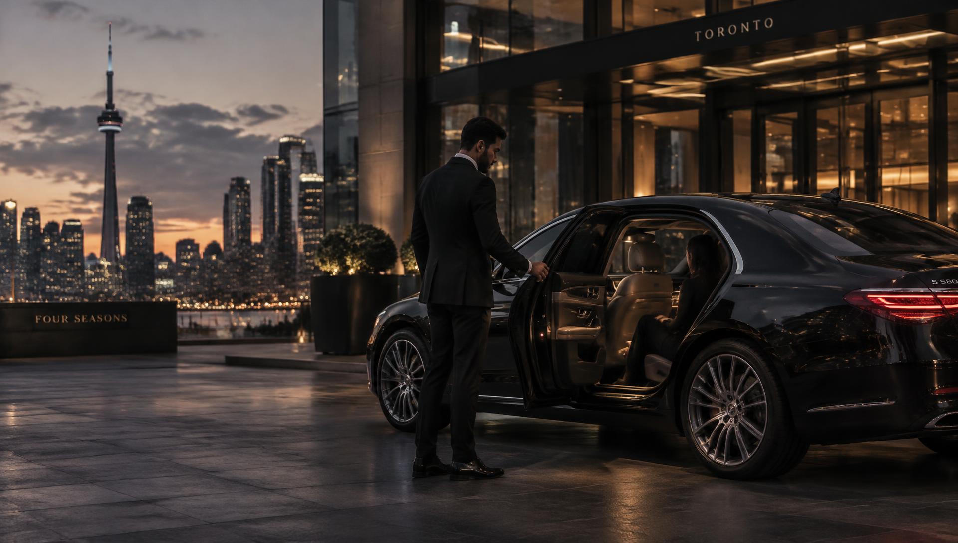 Chauffeur opening the rear door of a black executive sedan at dusk in Toronto